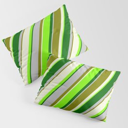 [ Thumbnail: Vibrant Beige, Chartreuse, Dark Green, Grey, and Green Colored Lined Pattern Pillow Sham ]