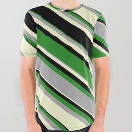 [ Thumbnail: Forest Green, Dark Grey, Light Yellow, and Black Colored Pattern of Stripes All Over Graphic Tee ]
