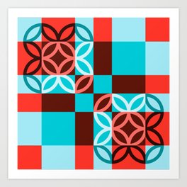 Checkered Circles Red and Blue Pattern Vivid Version "Geometric Works" Art Print