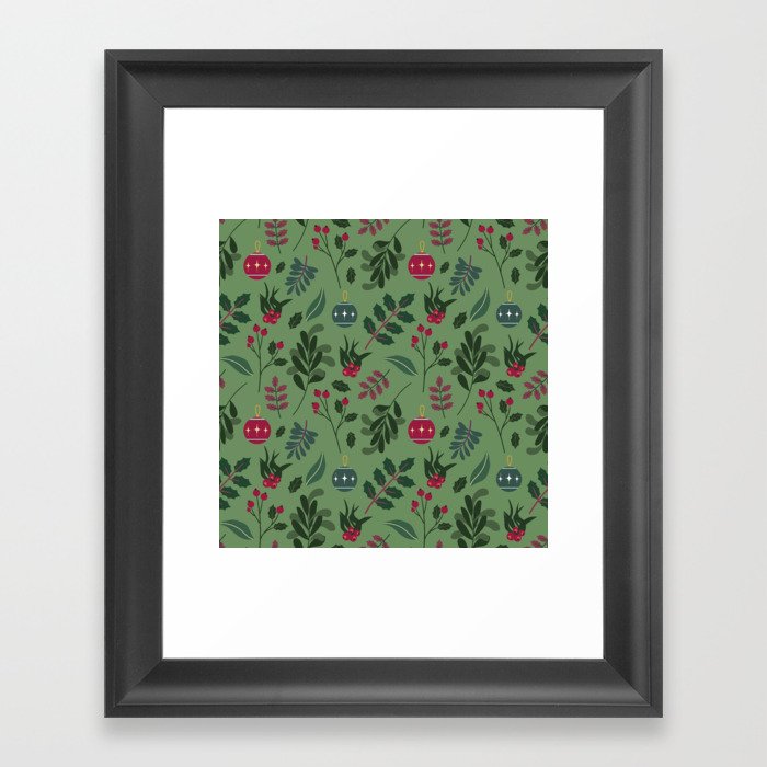 Christmas Pattern Retro Green Floral Framed Art Print