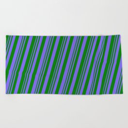 [ Thumbnail: Medium Slate Blue & Green Colored Lines Pattern Beach Towel ]