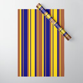 [ Thumbnail: Yellow, Sienna & Blue Colored Striped Pattern Wrapping Paper ]