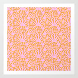 Modern Cannabis Leaves And Flowers Pink Orange Retro Mid-Century Pretty Cheerful Floral Pattern Art Print