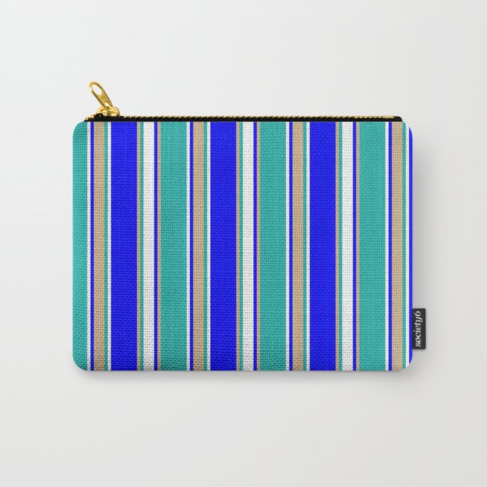 Blue, Tan, Light Sea Green, and White Colored Striped Pattern Carry-All Pouch