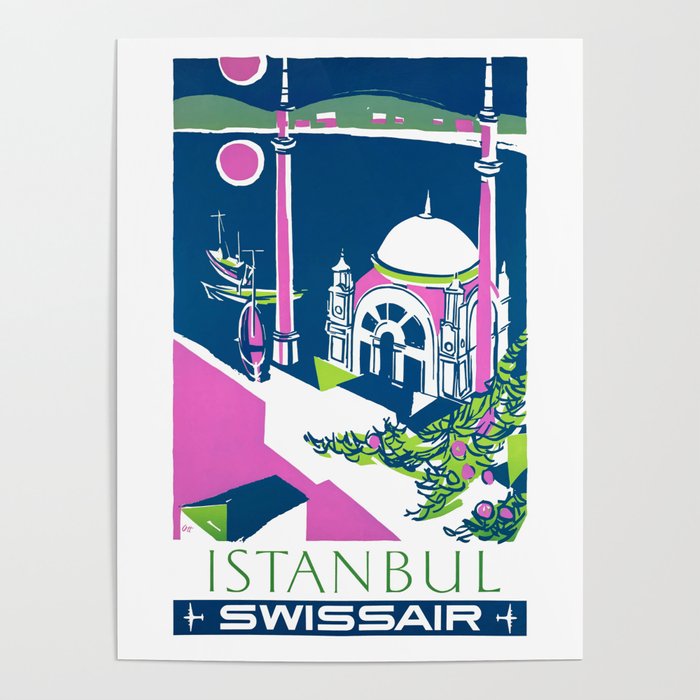 1951 ISTANBUL Swiss Air Airline Travel Poster Poster