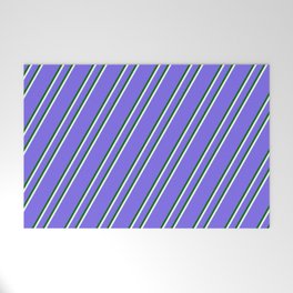 [ Thumbnail: Medium Slate Blue, Dark Green & Mint Cream Colored Lines/Stripes Pattern Welcome Mat ]