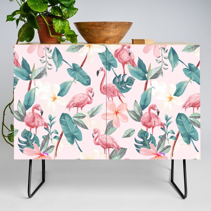 seamless flamingos and tropical flowers illustration pattern Credenza
