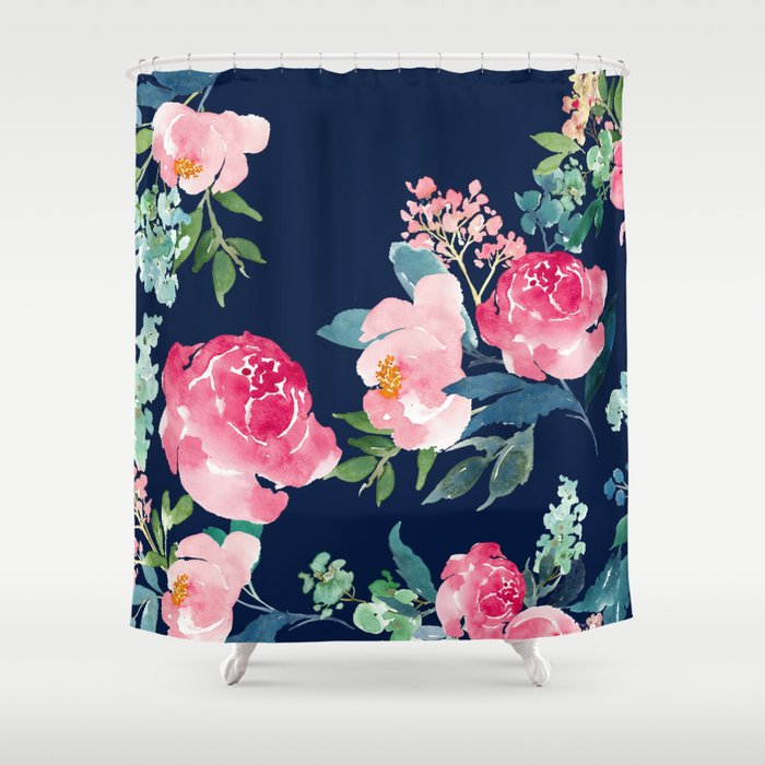 Navy and Pink Watercolor Peony Duschvorhang | Natur, Gemälde, Muster, Vintage