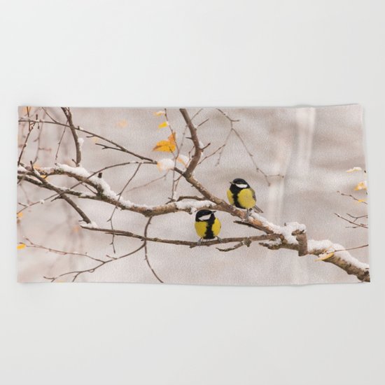 Lovely Songbirds on a Snowy Branch Beach Towel
