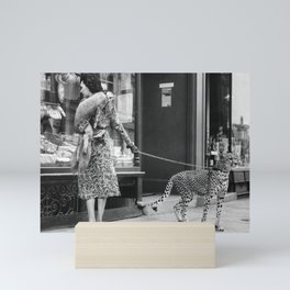 Woman with Cheetah, Phyllis Gordon, with her pet Kenyan cheetah, Paris, France black and white photo Mini Art Print