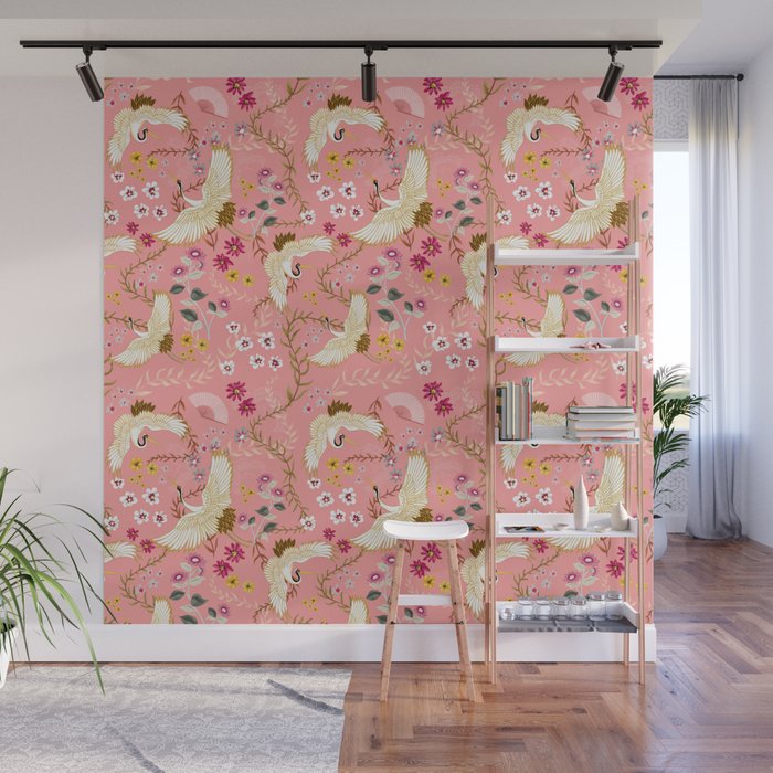 Chinoiserie cranes on pink, birds, flowers,  Wall Mural