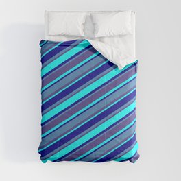 [ Thumbnail: Blue, Dark Slate Blue, Aqua, and Dark Blue Colored Lined/Striped Pattern Comforter ]