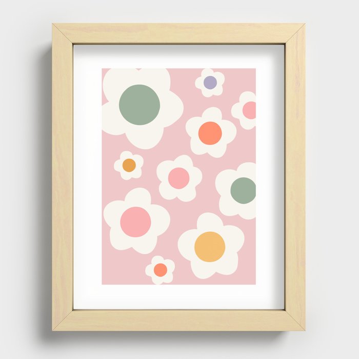 Retro Funky Flowers Pattern on Pink Recessed Framed Print