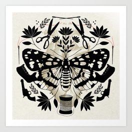 Sew Over It / Moth, Needle, Thread, Scissors, Jawbone, Gun & Fold Art Flowers w/background Art Print