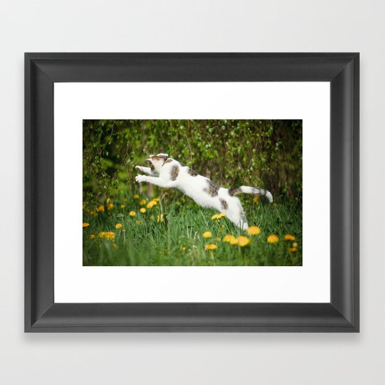 Cat, bumble-bee and dandelions Framed Art Print
