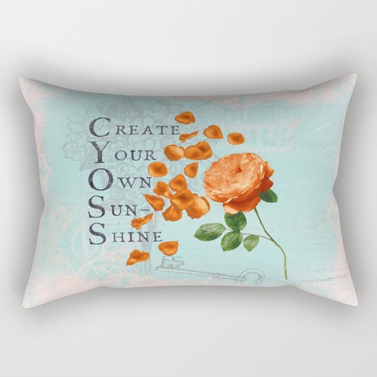 Sunshine- Quote with Rose Flower- Floral Collage and Wisdom on turquoise background Rectangular Pillow