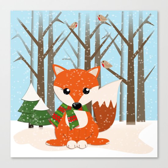 Cute winter fox with a red / green scarf, Canvas Print
