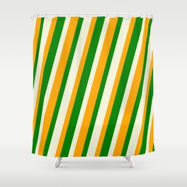 [ Thumbnail: Beige, Orange & Green Colored Lined/Striped Pattern Shower Curtain ]