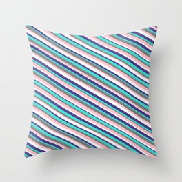 [ Thumbnail: Vibrant Gray, Pink, White, Dark Slate Blue & Turquoise Colored Striped Pattern Throw Pillow ]