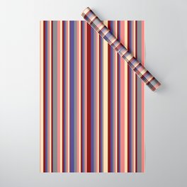 [ Thumbnail: Eyecatching Grey, Dark Slate Blue, Maroon, Beige, and Light Coral Colored Striped Pattern Wrapping Paper ]