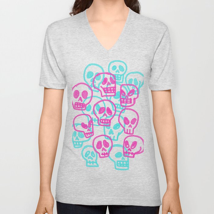 pink and turquoise hand drawn Skulls V Neck T Shirt