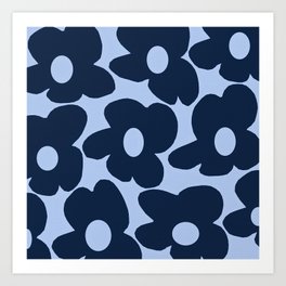 Large Dark Blue Retro Flowers Baby Blue Background #decor #society6 #buyart Art Print