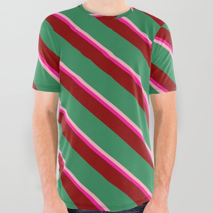 Light Pink, Deep Pink, Dark Red & Sea Green Colored Striped Pattern All Over Graphic Tee