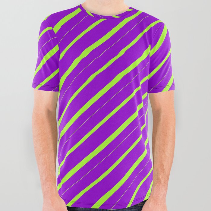 Dark Violet and Light Green Colored Striped/Lined Pattern All Over Graphic Tee