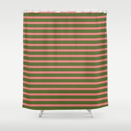 [ Thumbnail: Light Coral and Dark Olive Green Colored Lines/Stripes Pattern Shower Curtain ]