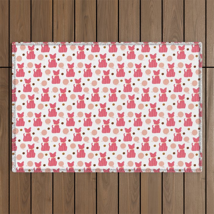 Cat Pattern Pink on White Outdoor Rug