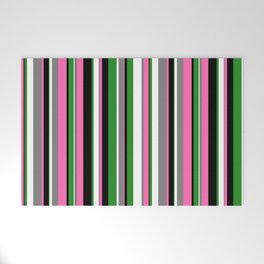 [ Thumbnail: Eyecatching Black, Hot Pink, Gray, White, and Forest Green Colored Stripes/Lines Pattern Welcome Mat ]