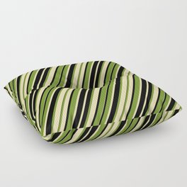 [ Thumbnail: Green, Tan & Black Colored Stripes/Lines Pattern Floor Pillow ]