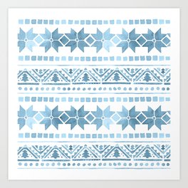 White & Blue Nordic Pattern  Art Print