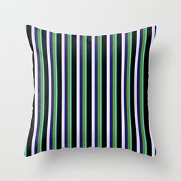 [ Thumbnail: Eye-catching Turquoise, Green, Midnight Blue, Lavender, and Black Colored Striped Pattern Throw Pillow ]