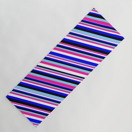 [ Thumbnail: Eyecatching Light Sky Blue, Deep Pink, White, Blue & Black Colored Lines Pattern Yoga Mat ]