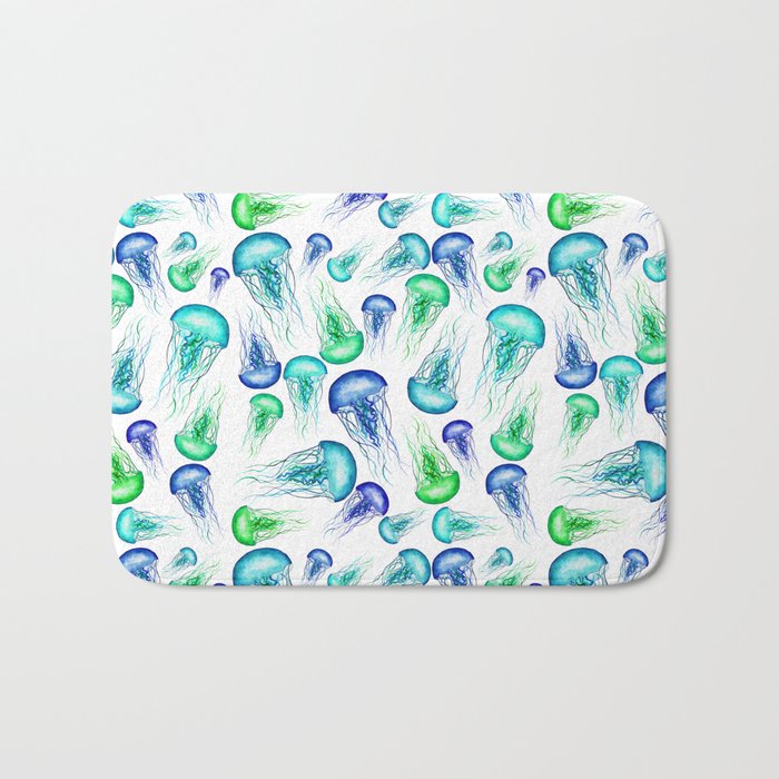 Bluegreen Jellyfish Watercolor Art Bath Mat