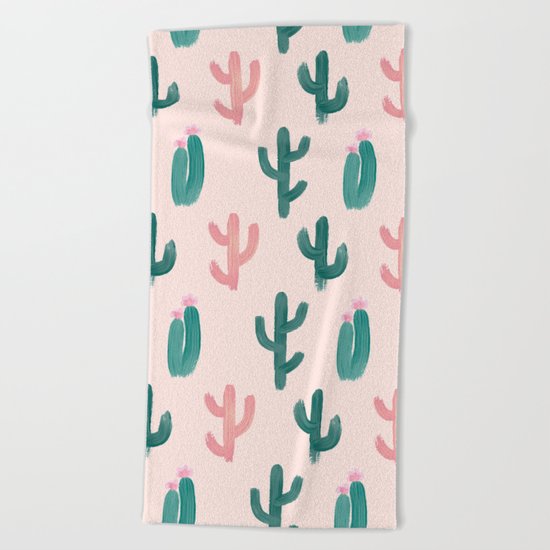 Painted Cactus Pattern on Pink Beach Towel