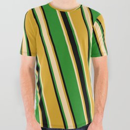 [ Thumbnail: Goldenrod, Tan, Forest Green, and Black Colored Striped/Lined Pattern All Over Graphic Tee ]