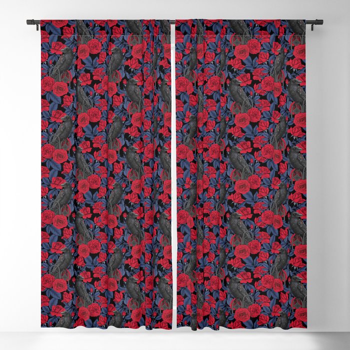 Ravens and red roses with blue leaves Blackout Curtain