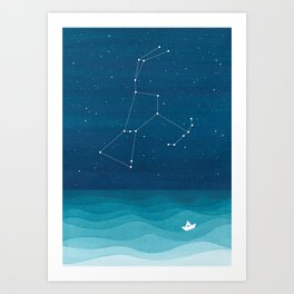 Orion Constellation, teal ocean sailboat illustration Art Print