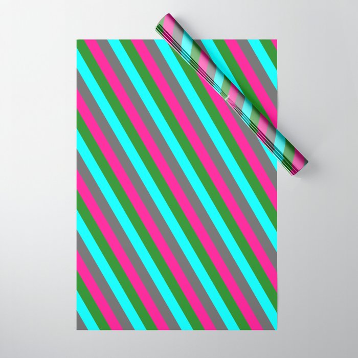 Dim Gray, Deep Pink, Forest Green & Cyan Colored Stripes/Lines Pattern Wrapping Paper