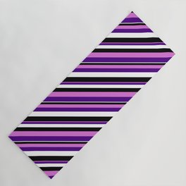 [ Thumbnail: Orchid, Indigo, White, and Black Colored Stripes/Lines Pattern Yoga Mat ]