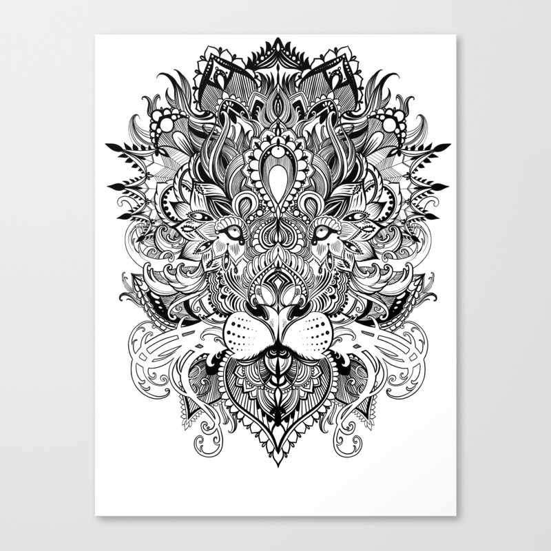 Black And White Geometric Pattern Mandala Lion Face Canvas Print