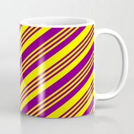 [ Thumbnail: Purple and Yellow Colored Lined Pattern Coffee Mug ]