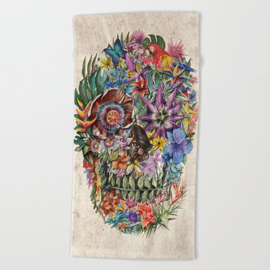 tropilcal floral skull 5 Beach Towel