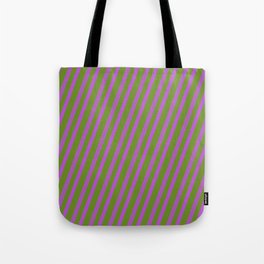 [ Thumbnail: Orchid & Green Colored Lines/Stripes Pattern Tote Bag ]