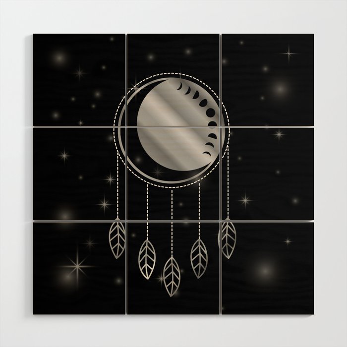 Moon phases dreamcatcher with stars in silver Wood Wall Art
