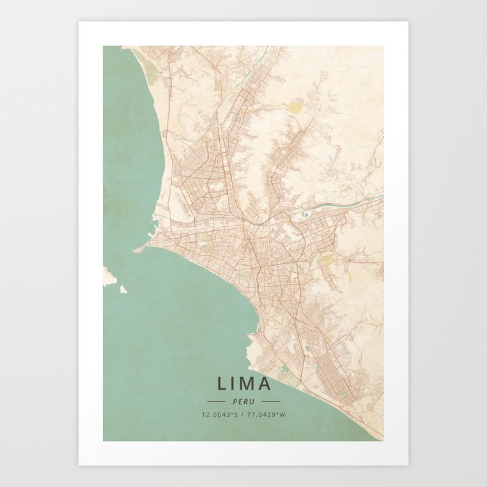Lima, Peru - Vintage Map Art Print