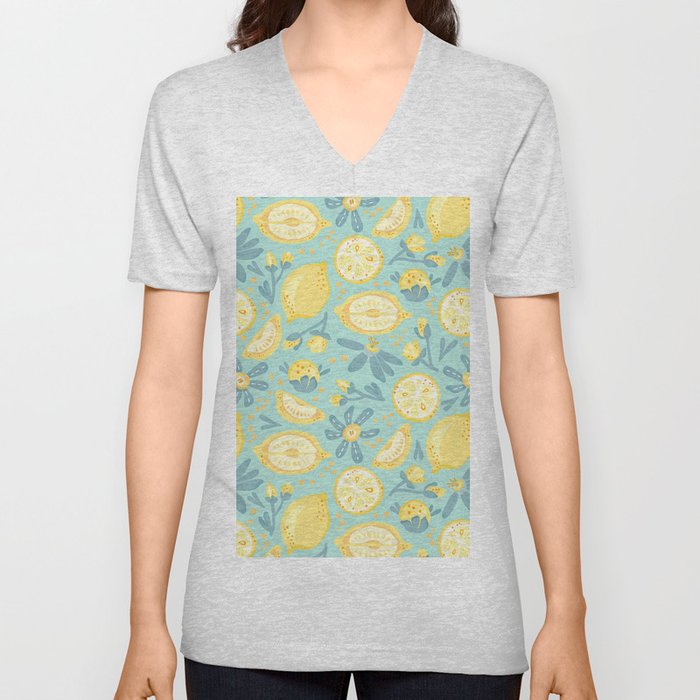 Lemon Pattern Mint V Neck T Shirt