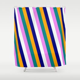 [ Thumbnail: Eye-catching Orange, Teal, Violet, Mint Cream & Blue Colored Stripes/Lines Pattern Shower Curtain ]